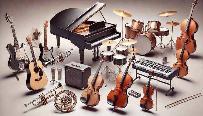 Các nhạc cụ cổ điển đa dạng như violin, cello, kèn clarinet, và kèn cor Pháp.