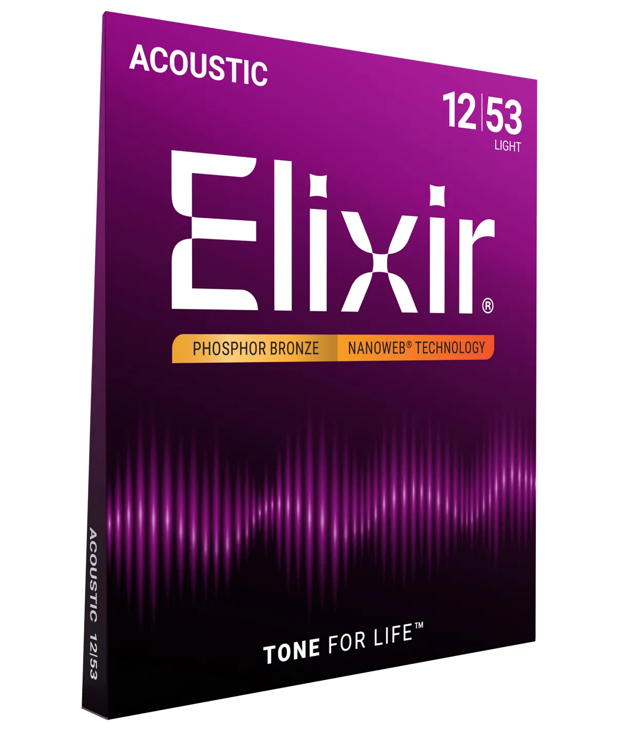 Bao bì dây đàn guitar acoustic Elixir, màu tím với thiết kế chi tiết sản phẩm.