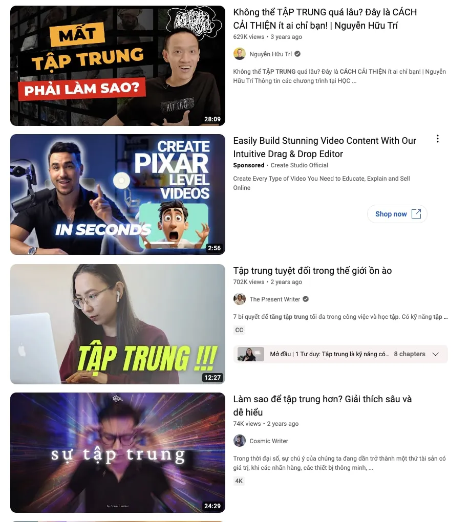 Kết quả tìm kiếm Youtube về cách tăng sự tập trung