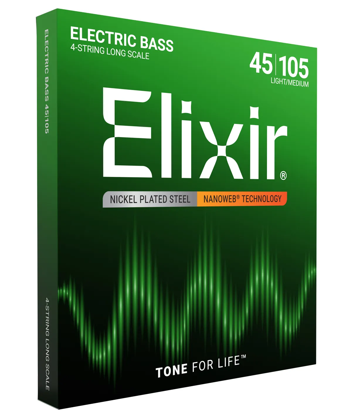 Bao bì dây đàn guitar bass điện Elixir màu xanh lá cây với đồ họa sóng.