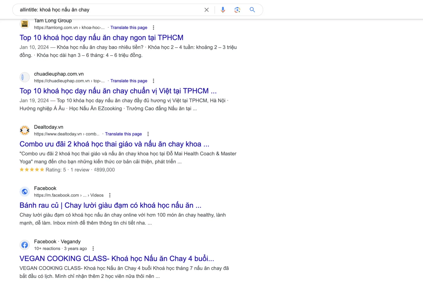 Kết quả tìm kiếm Google với cú pháp  khoá học nấu ăn chay