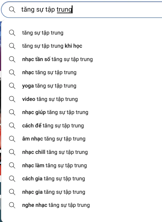 Các từ khóa liên quan trên thanh tìm kiếm Youtube