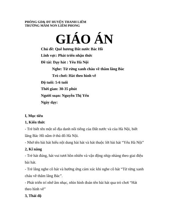 Giáo Án Dạy Hát "Yêu Hà Nội": Kế Hoạch Chi Tiết Cho Mầm Non