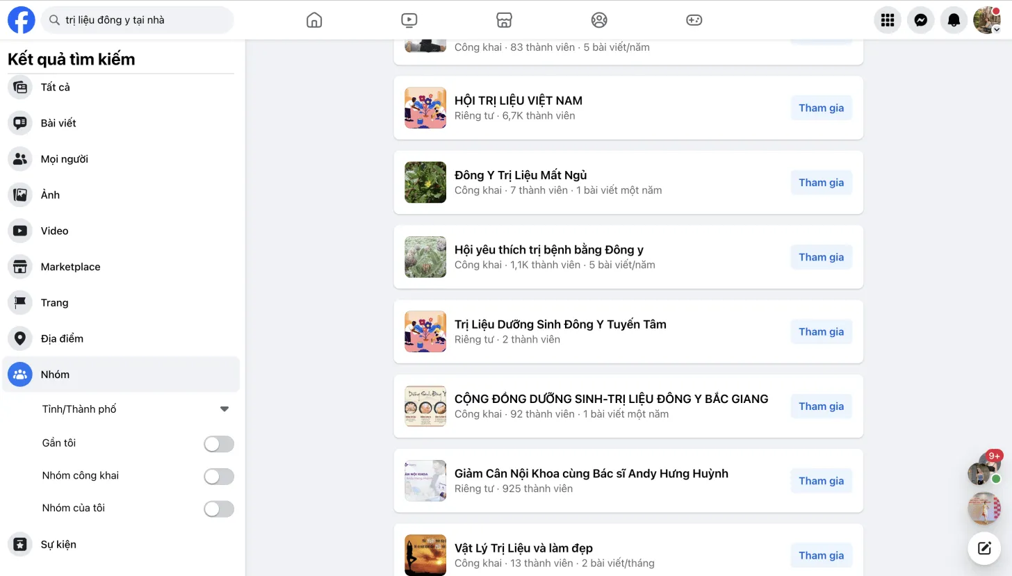 Giao diện tìm kiếm nhóm trên Facebook về trị liệu Đông y