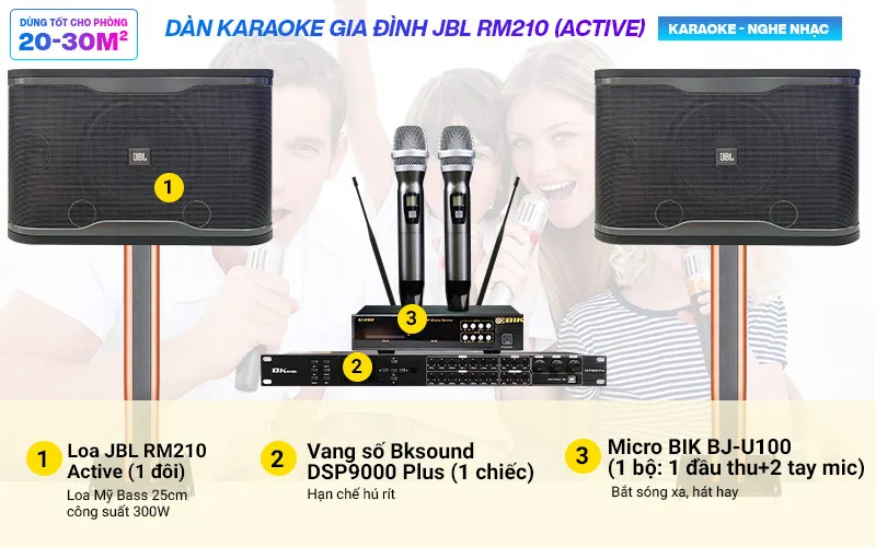 Dàn karaoke gia đình JBL RM210 (Active - New 2022) phối ghép từ các thiết bị chính hãng JBL, BIK, BKSound dùng karaoke và nghe nhạc cực hay.