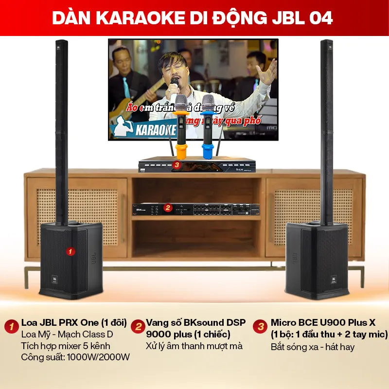 Dàn karaoke di động JBL 04công suất hoạt động mạnh mẽ, phù hợp các không gian giải trí ngoài trời, tại gia