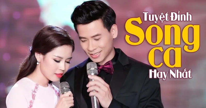 Alt text: Đôi nam nữ hát song ca bolero với ánh mắt tình tứ, thể hiện sự hòa quyện trong âm nhạc