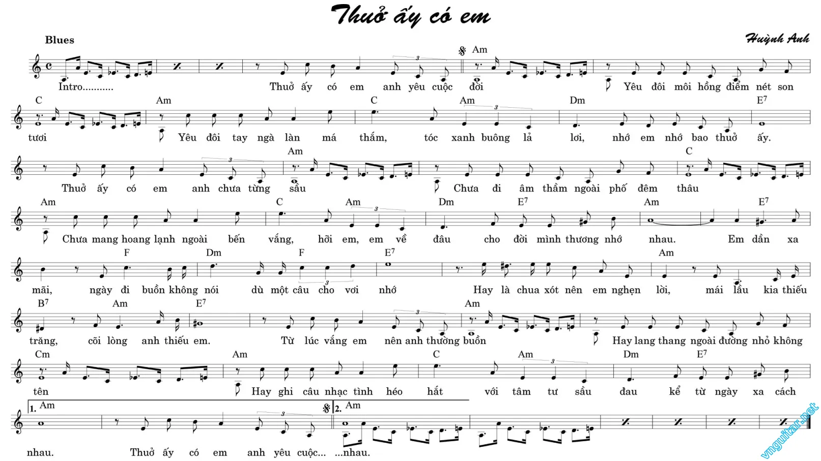 Hợp âm bài hát Thủa Ấy Còn Em
