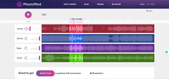 Mẫu tách giọng của PhonicMind giúp tách lời bài hát khỏi nhạc để lấy beat